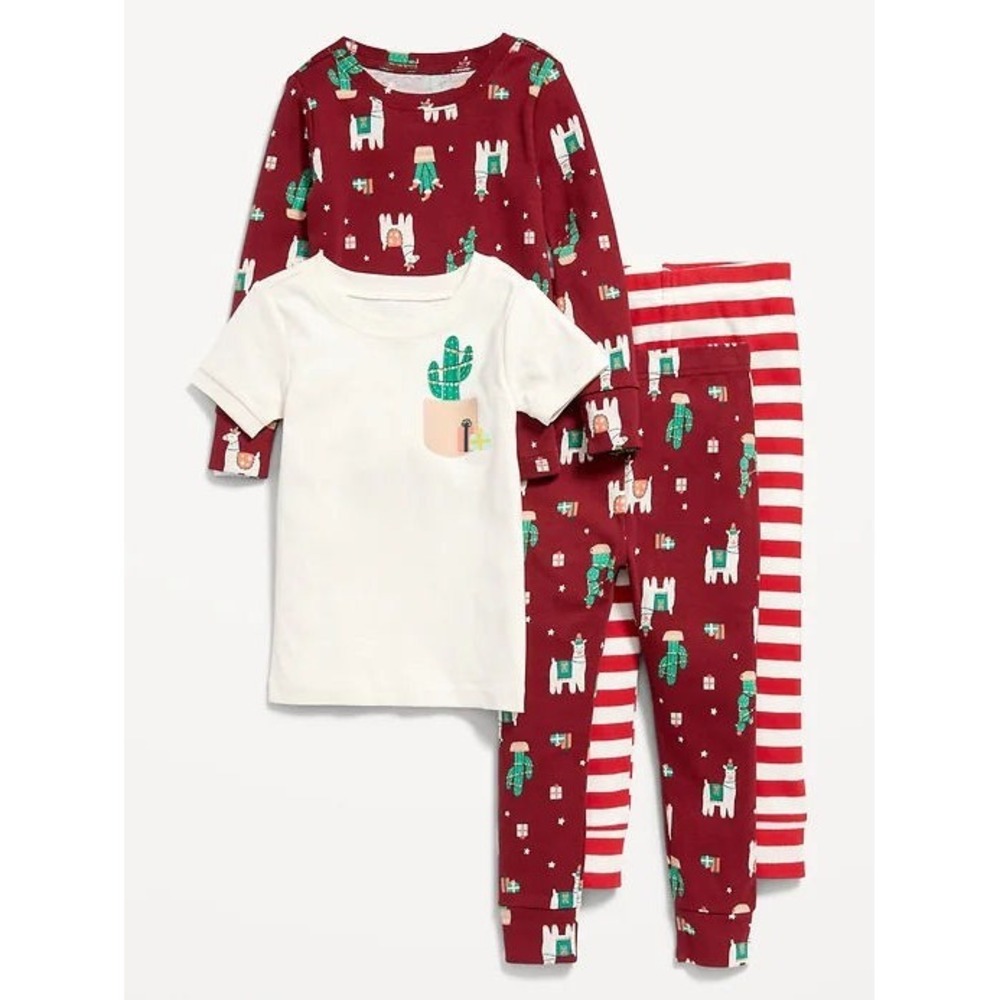 Old Navy Baby 4pc Snug Fit PJ Set - Red Christmas Llama Cactus - Size 6-12 Month